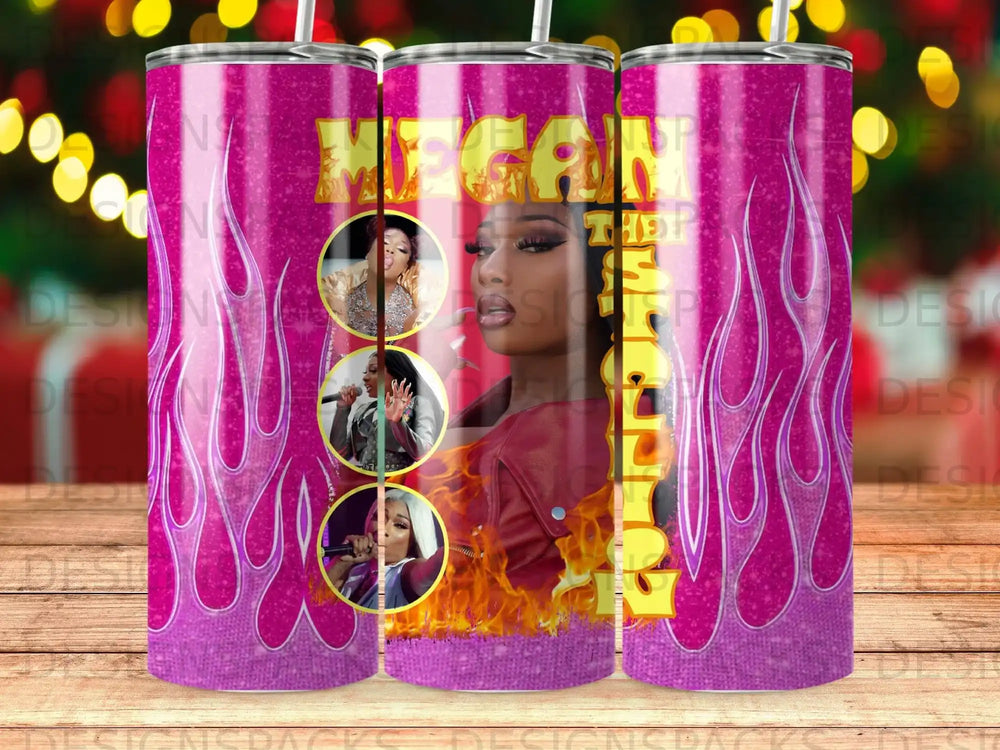 Tumbler with Megan Thee Stallion images and purple flames design.