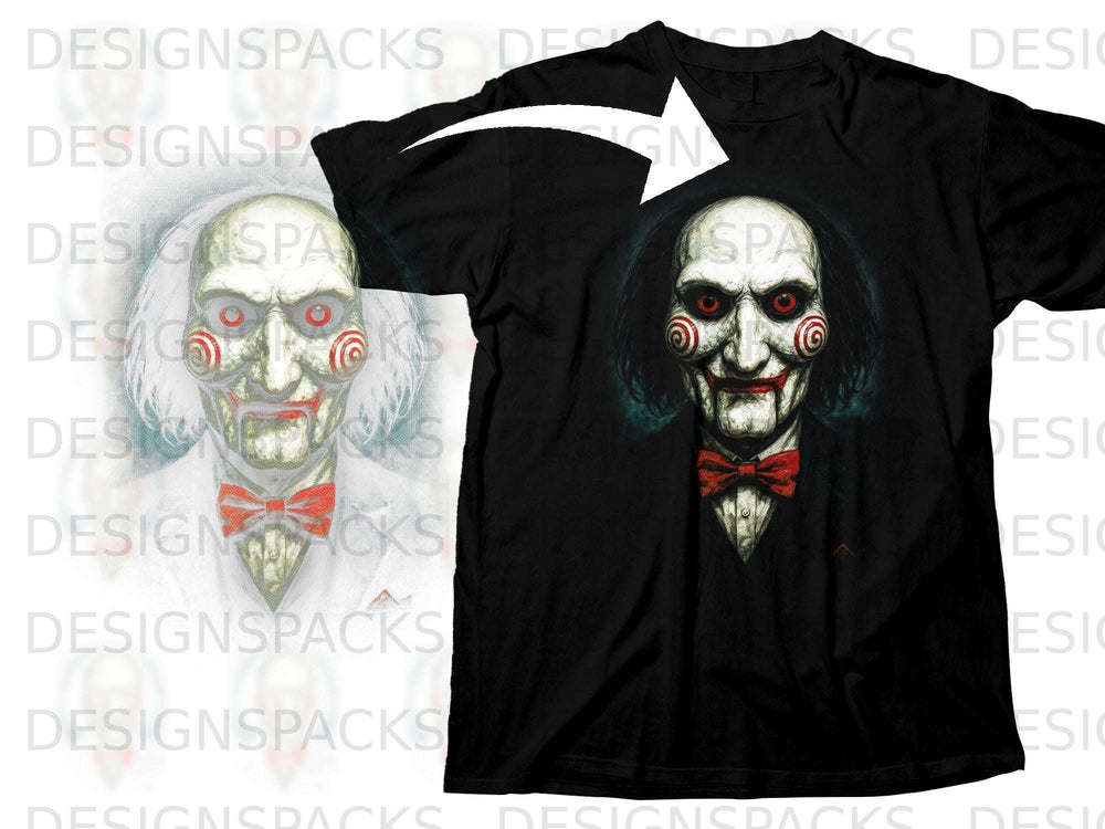 Black t-shirt with Billy the puppet from Saw design.