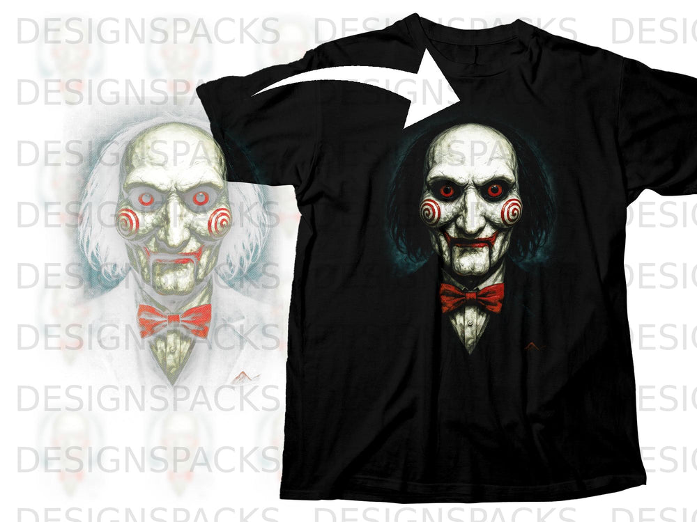 Black t-shirt with Billy the puppet from Saw design.
