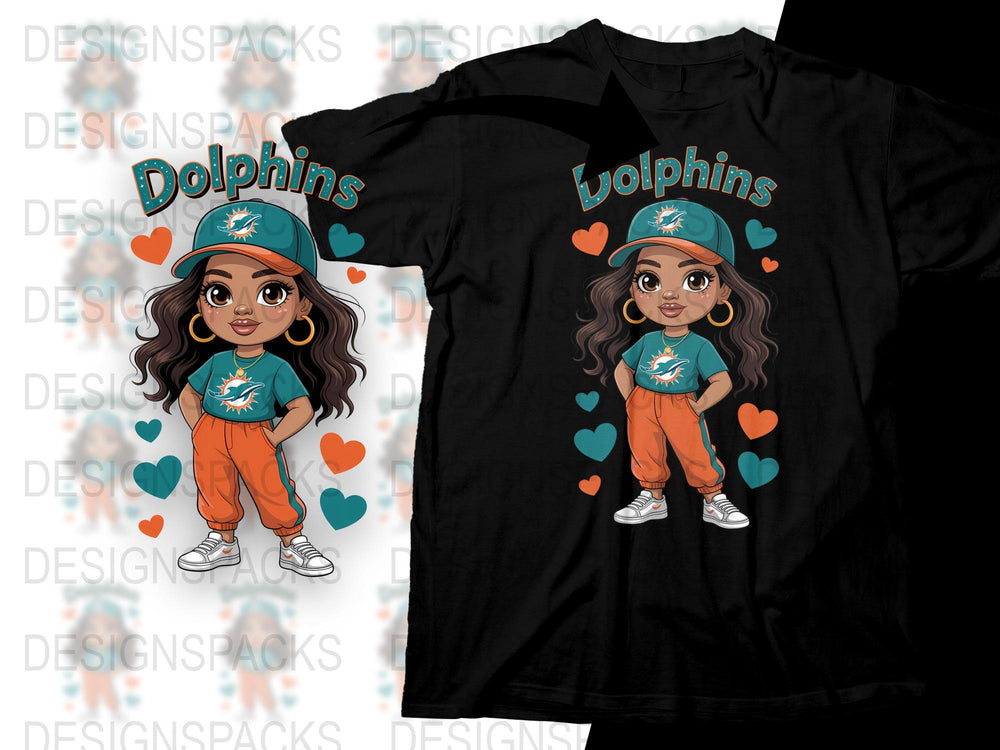Cute Dolphins Fan T-Shirt, Cartoon Girl Graphic, Sports Team Support, Colorful Hearts, Casual Tee