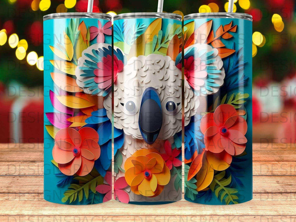 Koala with colorful flowers and leaves on a teal background.