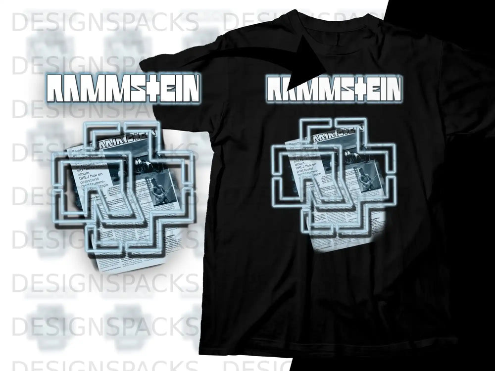 Black t-shirt with Rammstein logo and newspaper graphic.