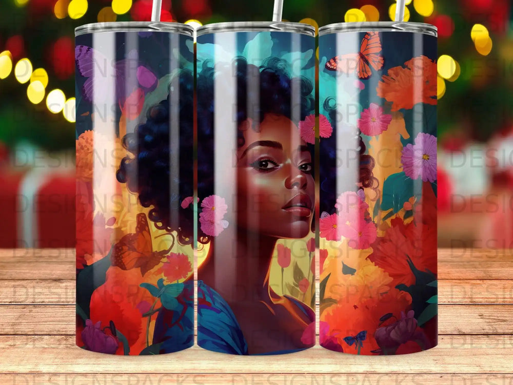 Woman with flowers and butterflies on a patterned tumbler.
