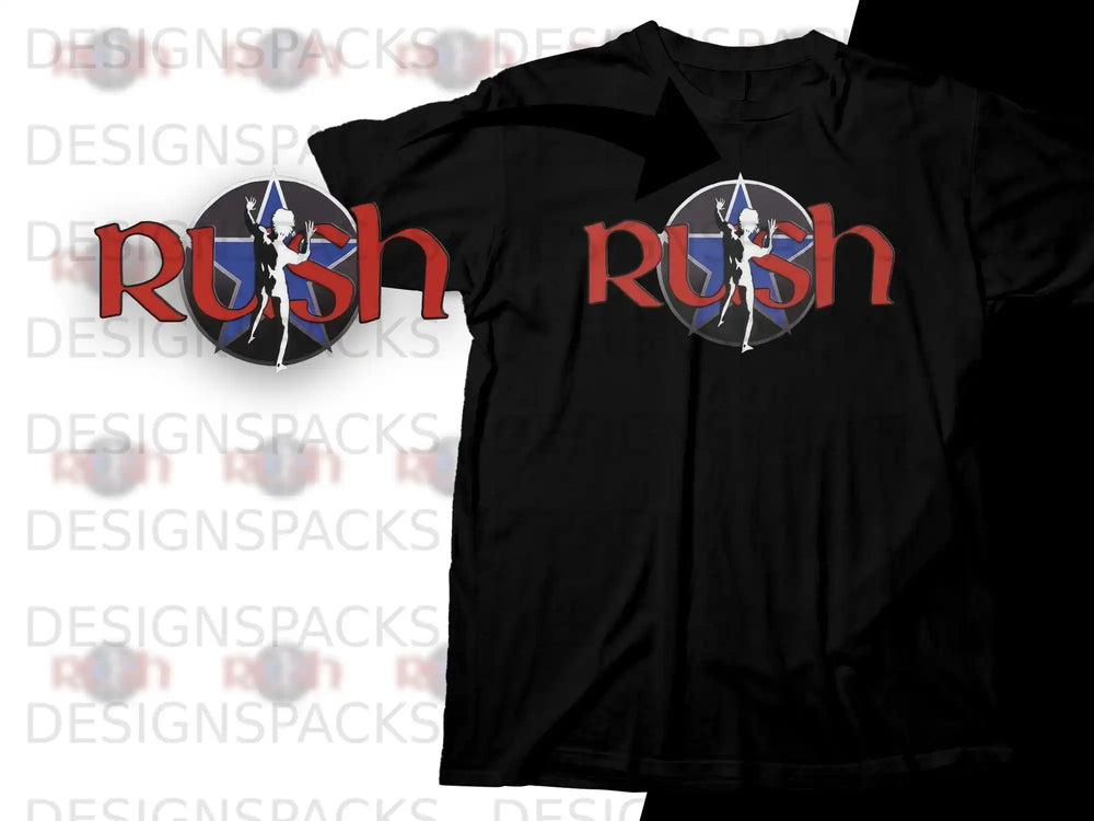 Black t-shirt with the red and white Rush logo and star design.