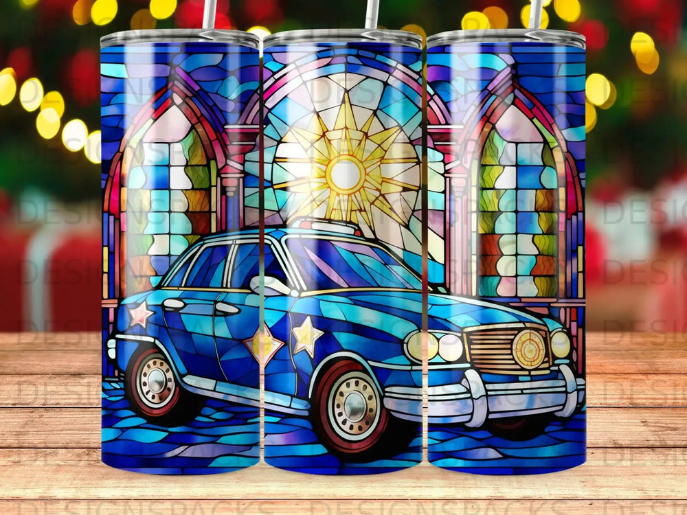 Blue police car with stained glass background on a tumbler.