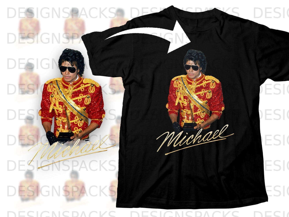 Black t-shirt with Michael Jackson graphic in gold and red uniform.