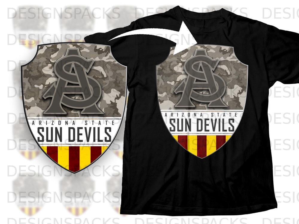 Arizona State Sun Devils shield logo with camouflage background on black t-shirt.
