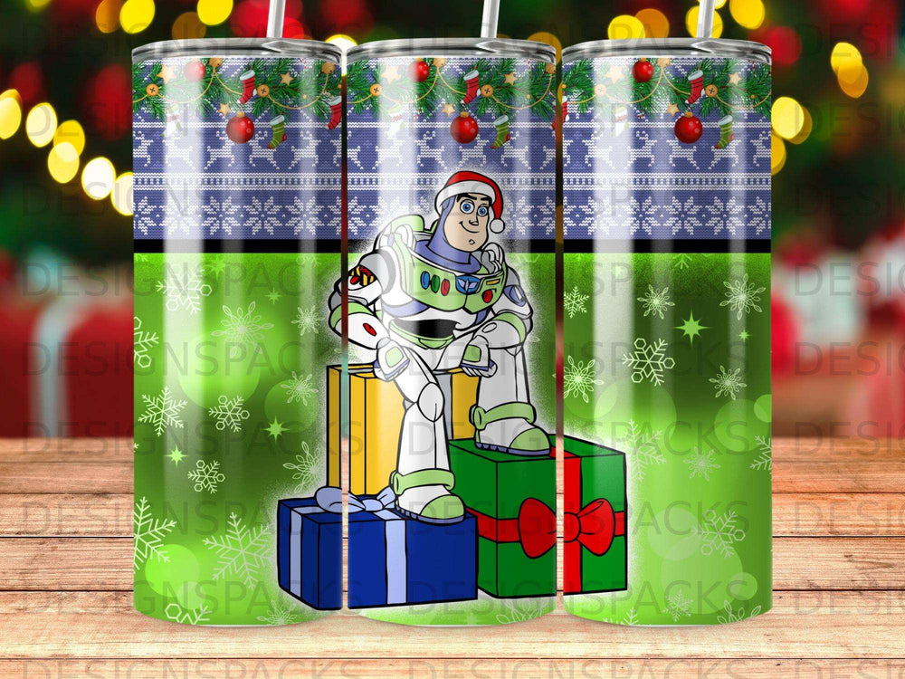 Buzz Lightyear sitting on gift boxes with a festive, snowflake-patterned background.