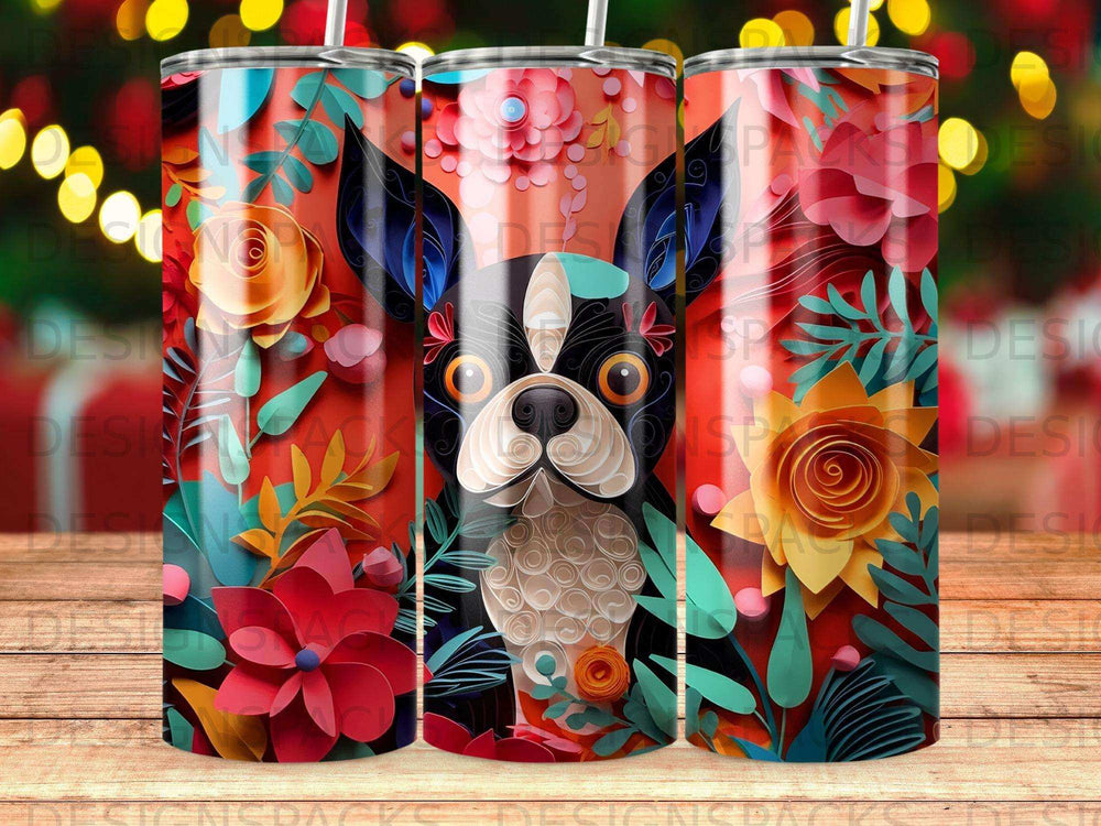 Black and white Boston Terrier with floral patterned background on a tumbler.