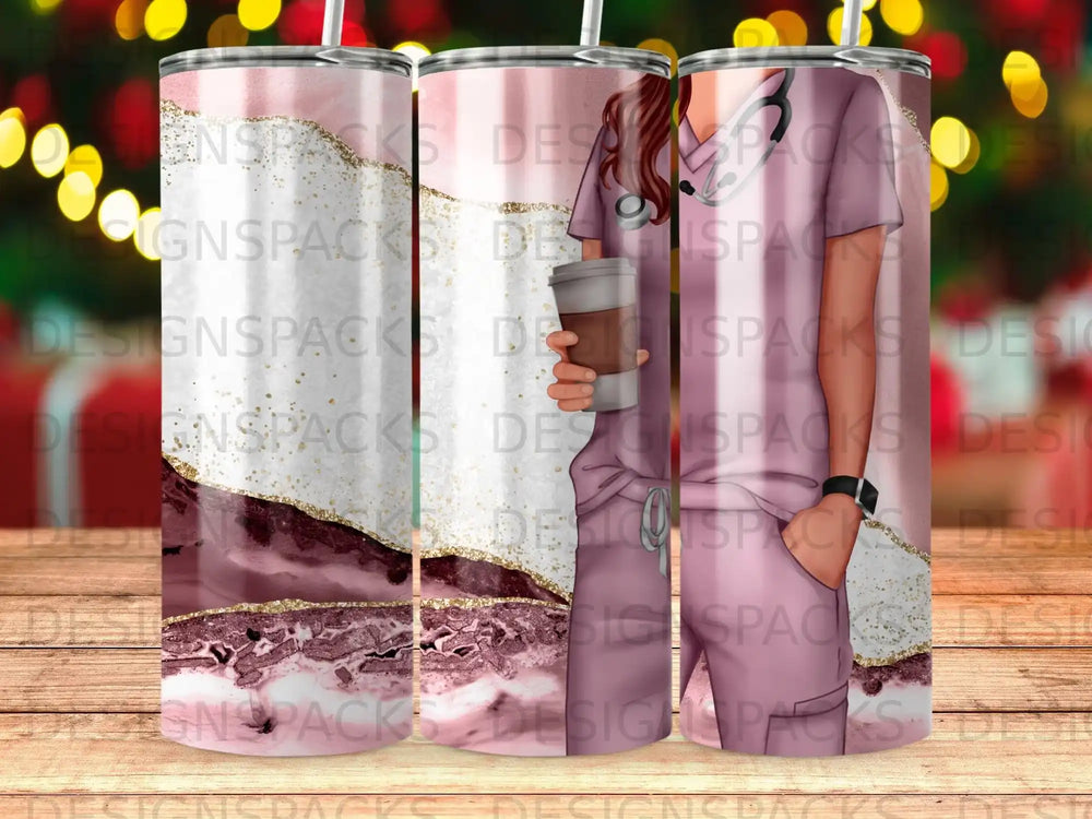 Pink scrub top with marble and glitter pattern on tumbler.