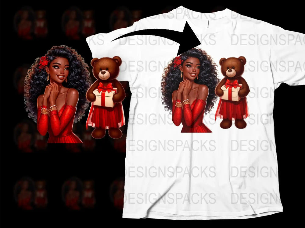 African American Girl Valentine's Day T-Shirt, Teddy Bear Red Dress Graphic Tee, Women's Fashion Top