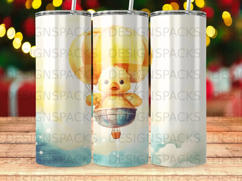 Yellow duck in hot air balloon, with repeating logo pattern.