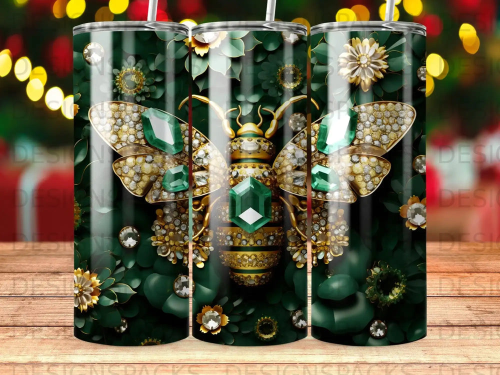 Gold bee with green jewels on a dark floral background.