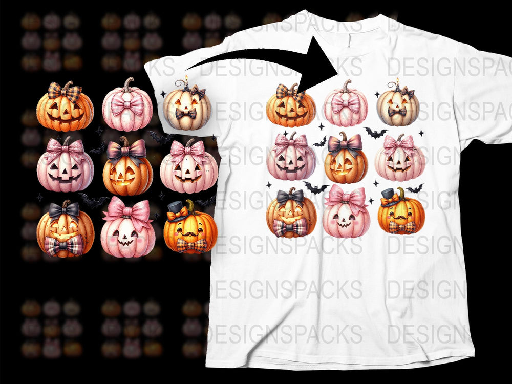 Halloween Pumpkin T-Shirt with Cute Jack-o'-Lantern Graphics, Unisex Autumn Tee, Spooky Season Apparel with Bats and Bows