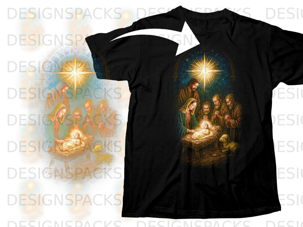 Nativity scene with baby Jesus, Mary, Joseph, shepherds, and a star.