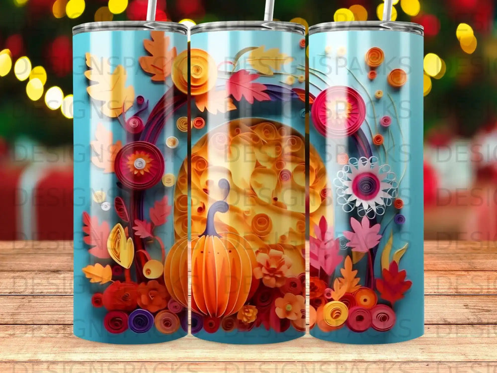 Fall harvest theme tumbler with pumpkin, leaves, and paper flowers.