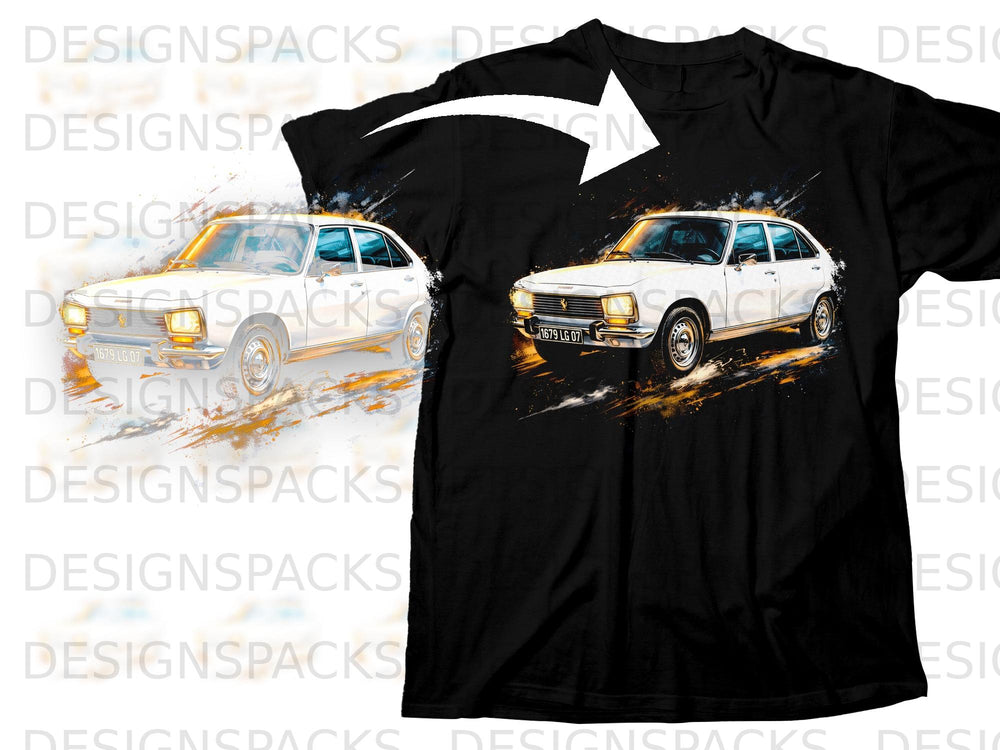 Black t-shirt featuring a graphic of a white Peugeot 505 with a license plate reading 1679 LG 07.