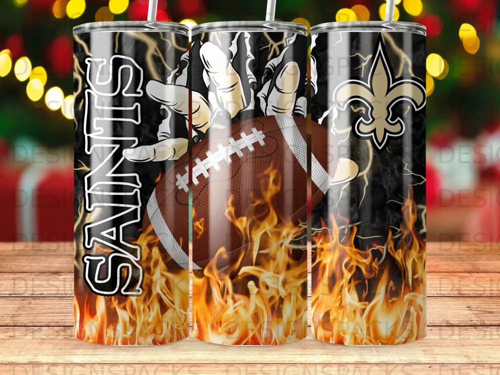 New Orleans Saints football tumbler with flames and team logo.