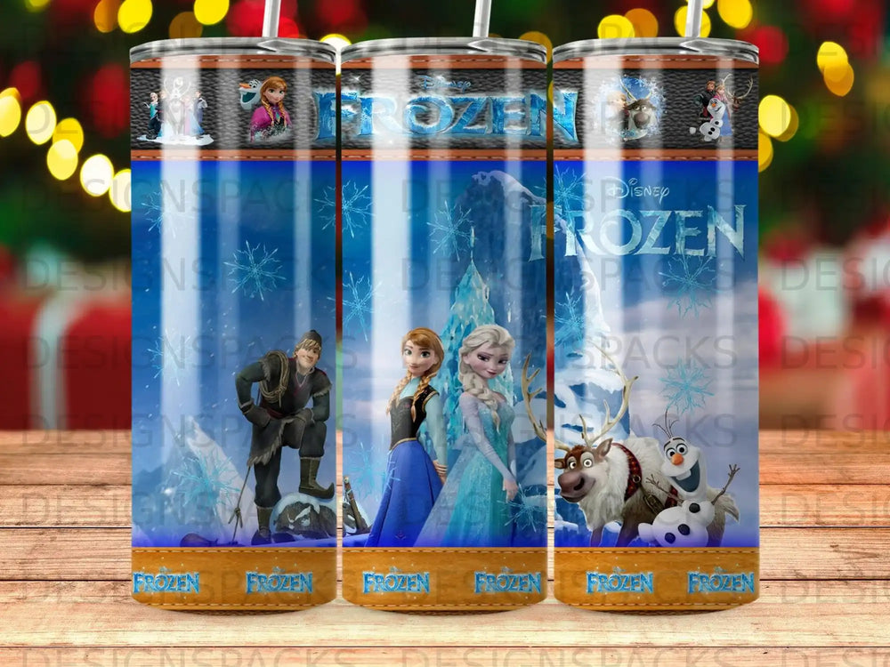 Frozen Elsa, Anna, and Olaf themed tumbler with icy background.