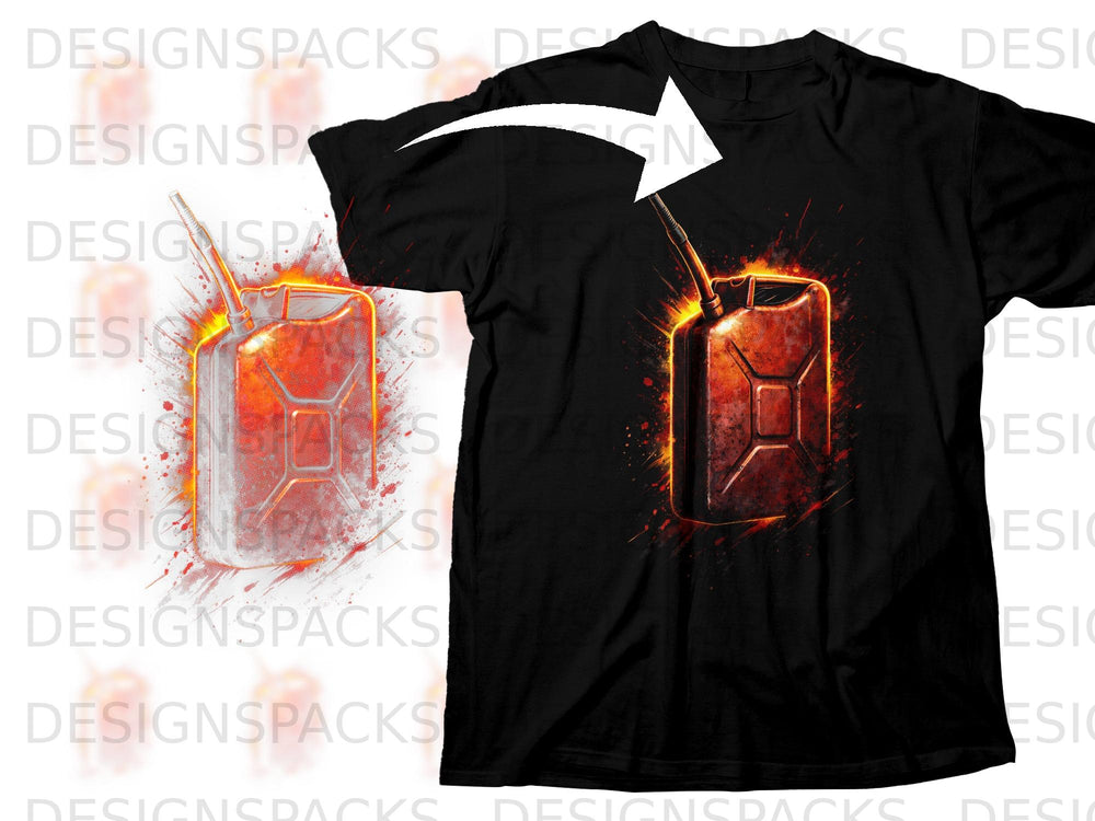 Black t-shirt with a graphic of a fiery red gas can with a bent spout.