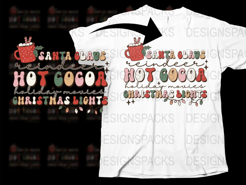 Santa Claus Hot Cocoa Holiday Movies Christmas Lights Graphic T-Shirt, Festive Winter Apparel