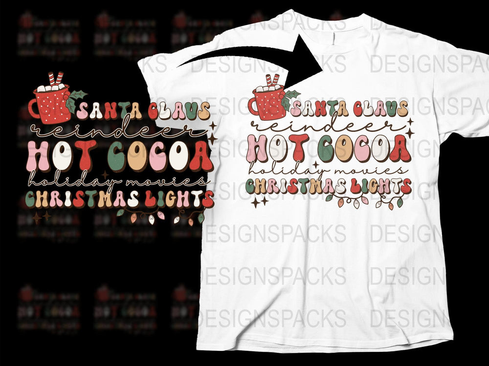 Santa Claus Hot Cocoa Holiday Movies Christmas Lights Graphic T-Shirt, Festive Winter Apparel