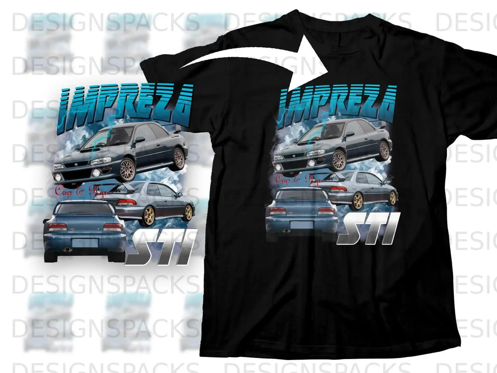 Black t-shirt featuring Subaru Impreza WRX STI graphic with car silhouettes.