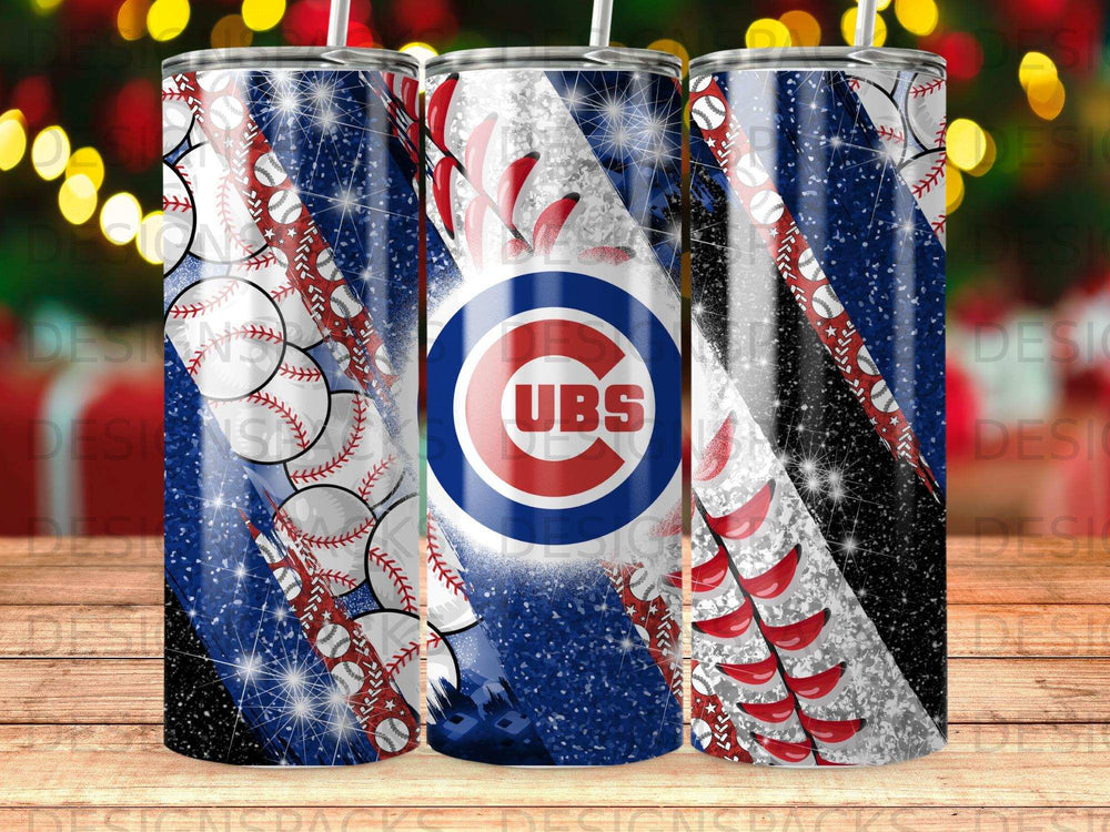 Chicago Cubs logo and baseball design on a tumbler.