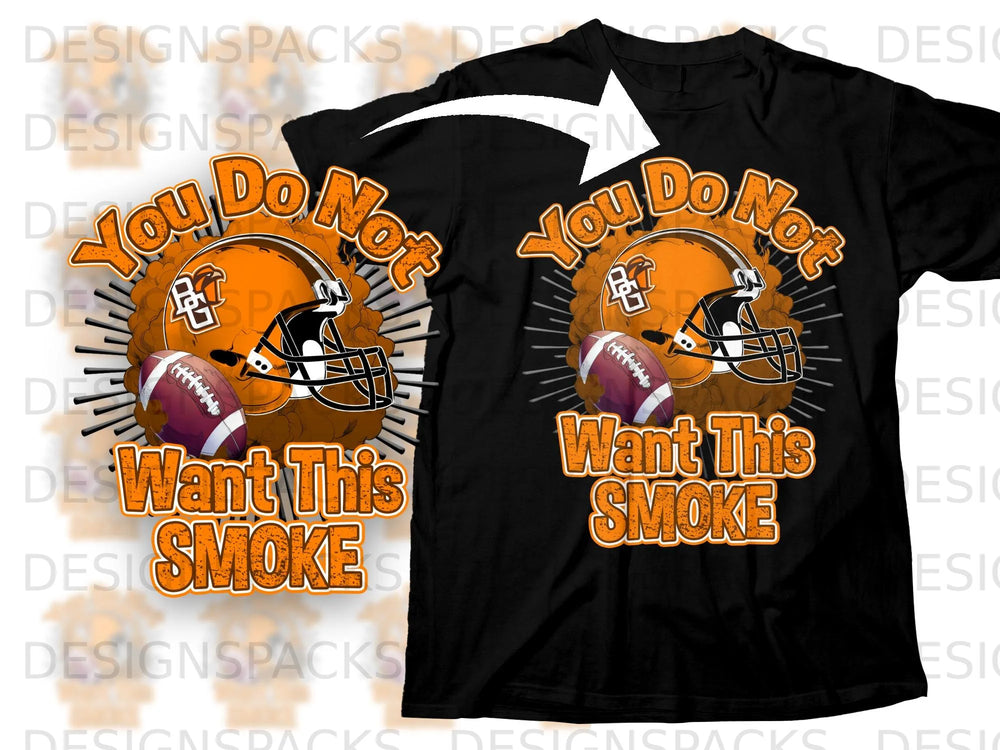 Graphic tee with orange football helmet, footballs, and text "You Do Not Want This Smoke".