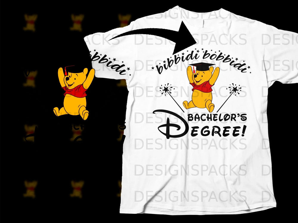 Winnie the Pooh in graduation cap on t-shirt with "Bibbidi Bobbidi Bachelor's Degree" text.
