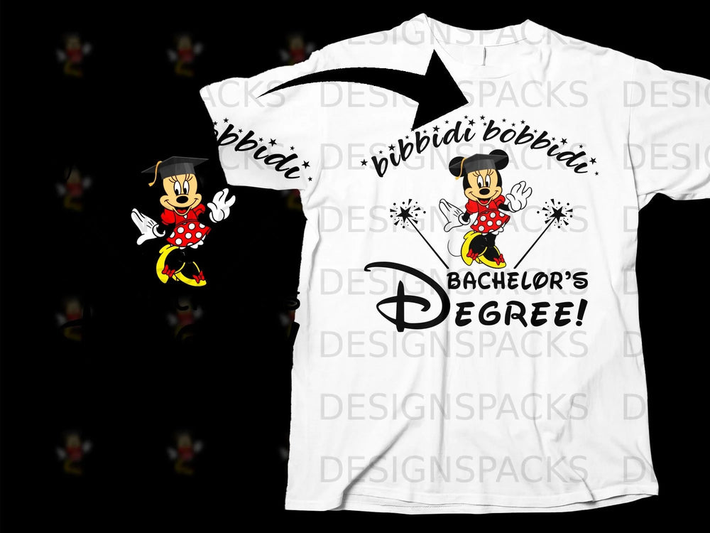Minnie Mouse in graduation cap with "Bibbidi Bobbidi Bachelor's Degree!" text.