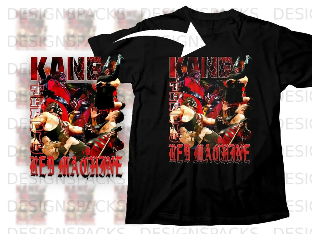 Black t-shirt with "Kane Red Machine" graphic featuring wrestling imagery.