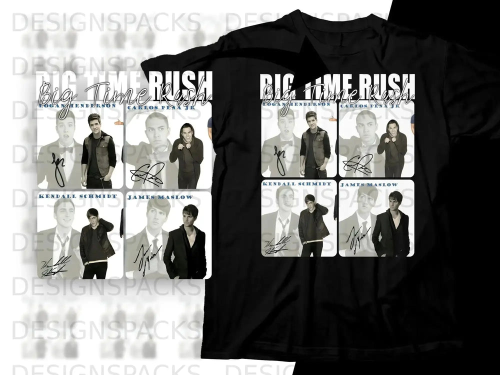 Big Time Rush band members with signatures on black t-shirt.