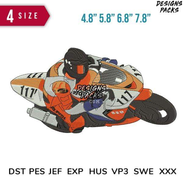 Motorcycle racer embroidery design in 4 sizes, print-ready formats DST PES JEF EXP for DTG DTF