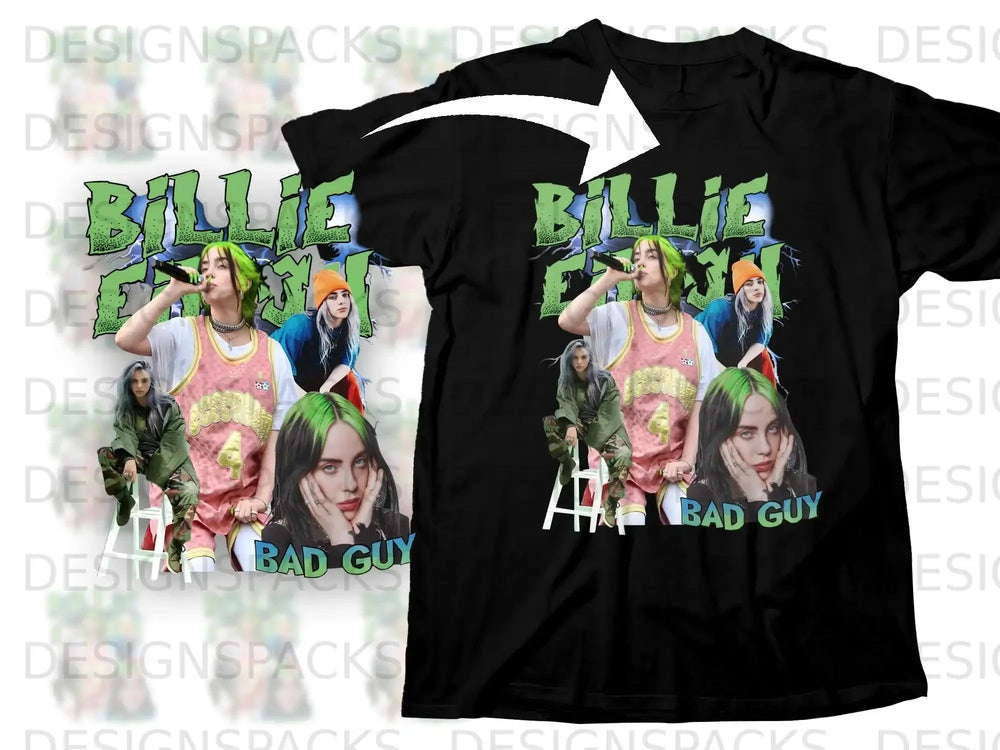 Black t-shirt featuring Billie Eilish with "Bad Guy" text.