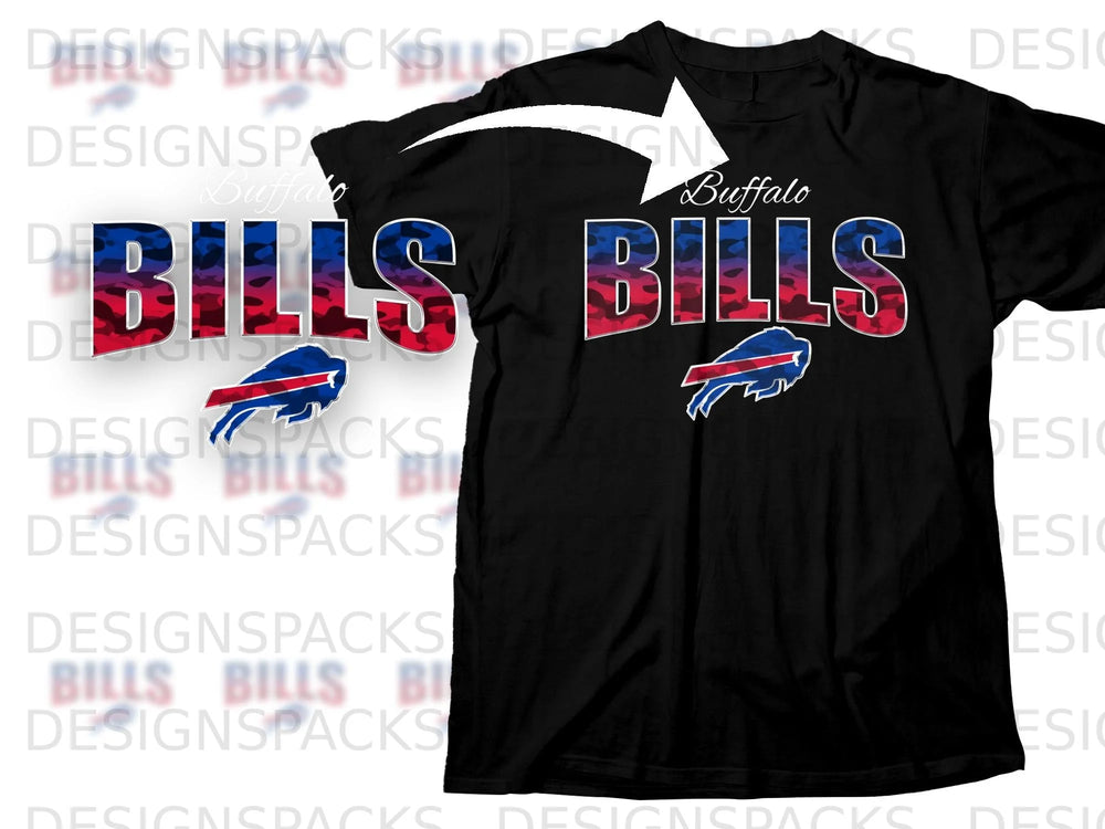 Black t-shirt with "Buffalo Bills" text and team logo in camouflage.