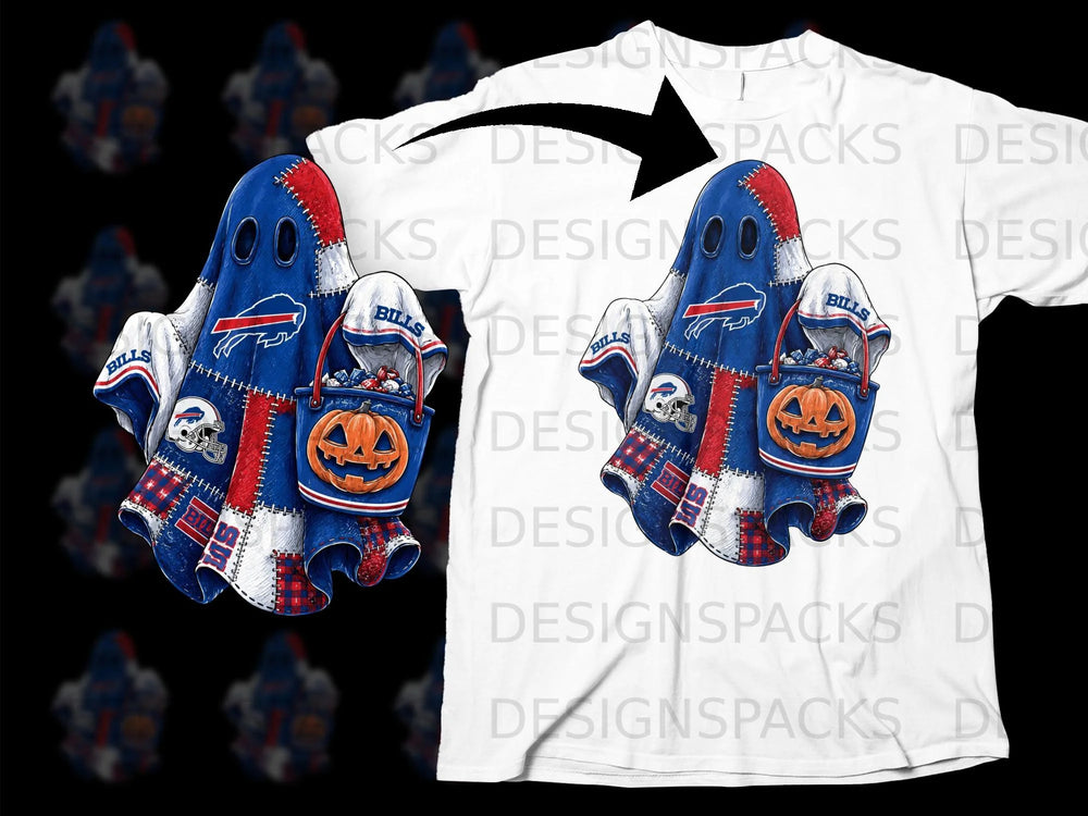 Buffalo Bills ghost with pumpkin bucket on a white t-shirt.