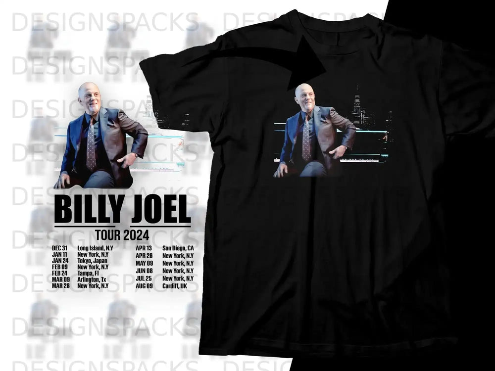 Billy Joel "Tour 2024" black t-shirt with dates and locations.