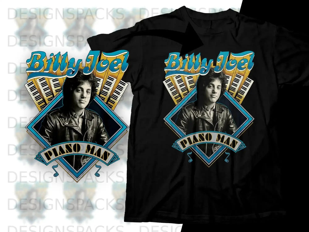 Billy Joel "Piano Man" graphic on a black t-shirt.