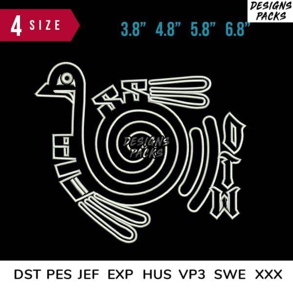Stylized bird embroidery design in 4 sizes, compatible with DST PES JEF formats for machine embroidery projects.