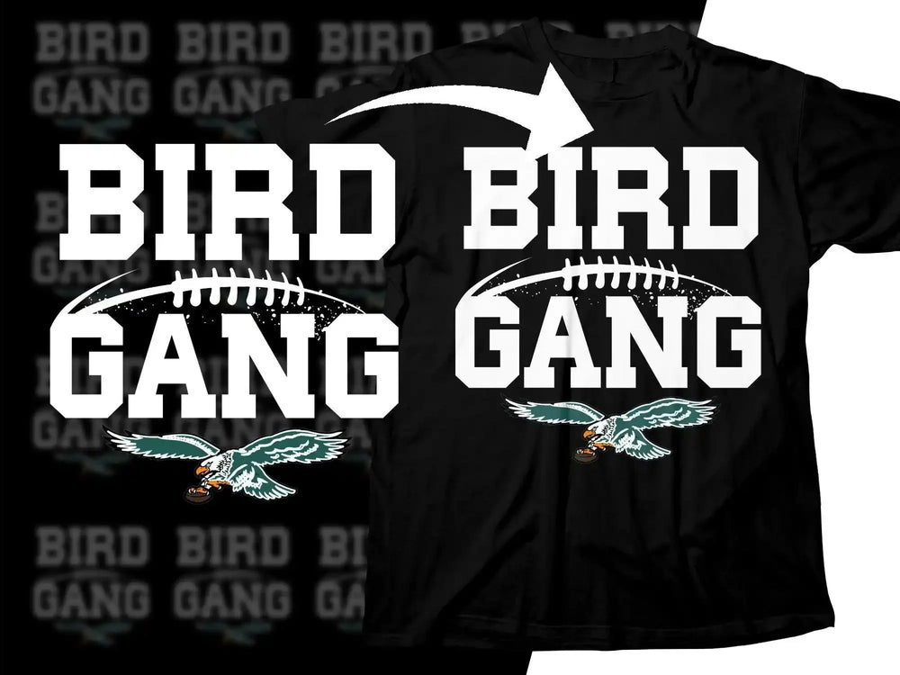 Bird Gang football design on black t-shirt with eagle graphic, print-ready for DTG or DTF