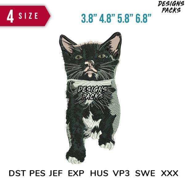 Embroidery design of a black and white kitten in 4 sizes, compatible with DST PES JEF formats for instant download.