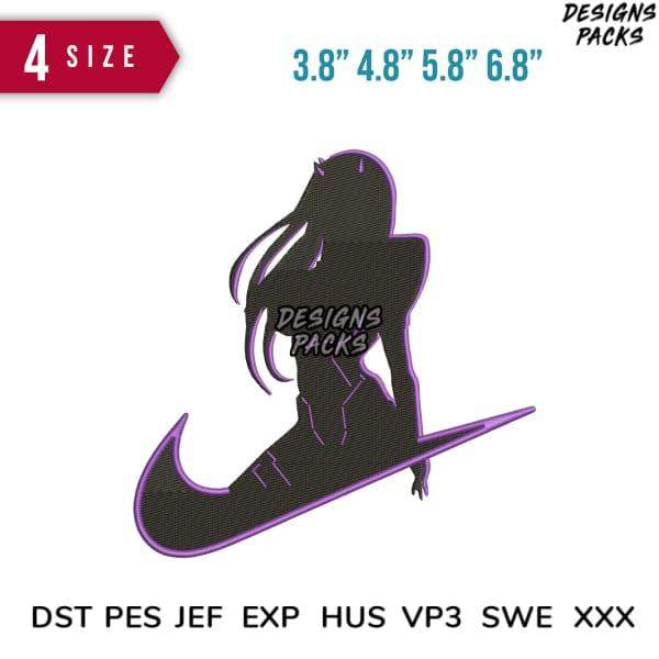 Purple-outlined female silhouette embroidery design in 4 sizes, compatible with DST PES JEF formats for instant download