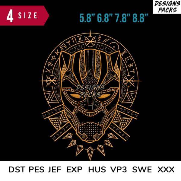 Black Panther-inspired embroidery design in gold line art, 4 sizes, DST PES formats for machine embroidery
