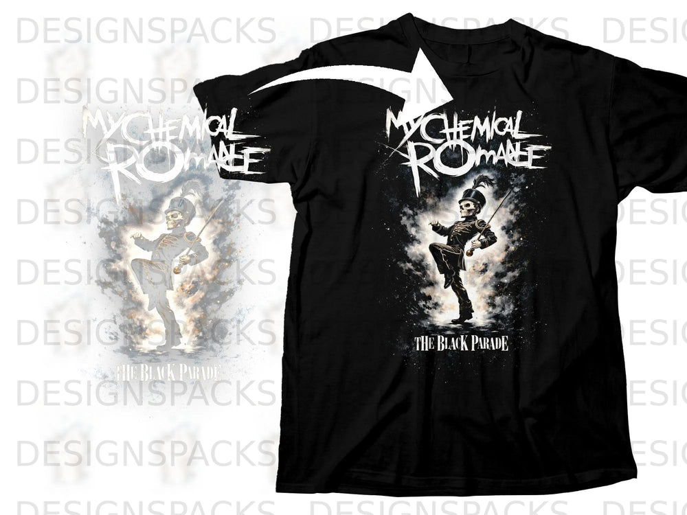 Black t-shirt with My Chemical Romance "The Black Parade" skull graphic.
