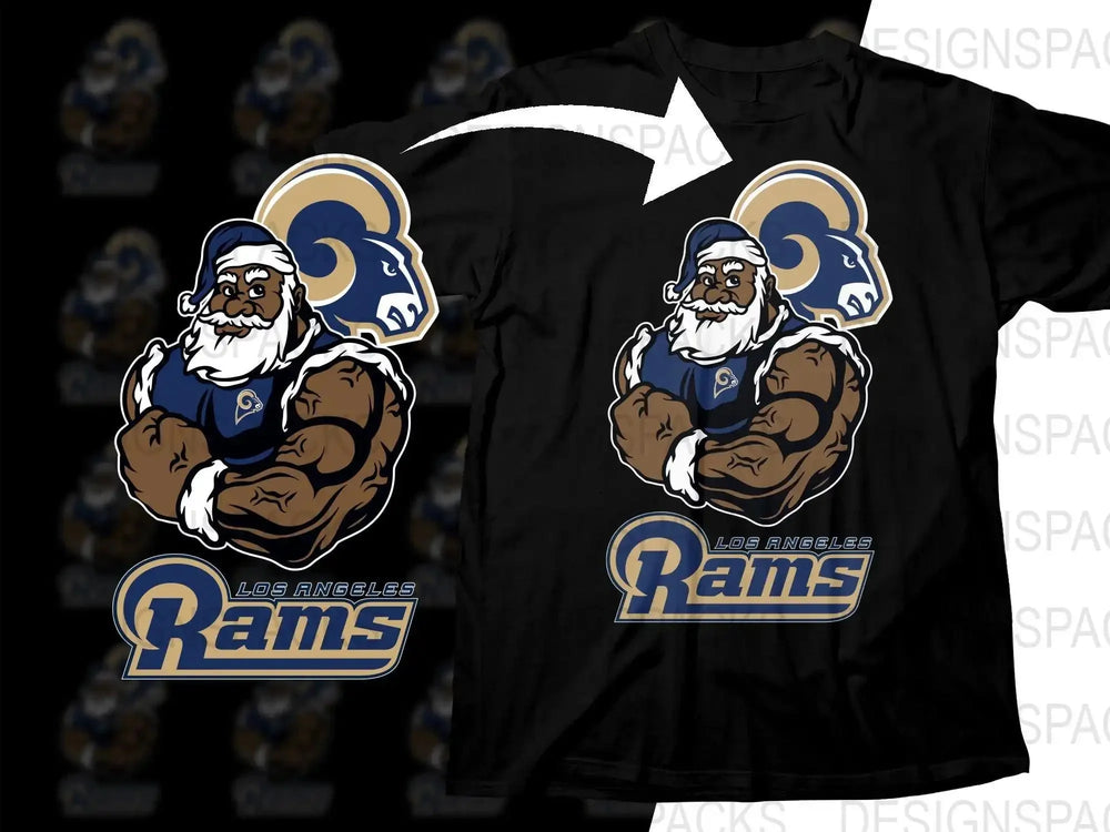 Muscular Santa in LA Rams jersey design for DTG/DTF t-shirt printing, print-ready PNG SVG