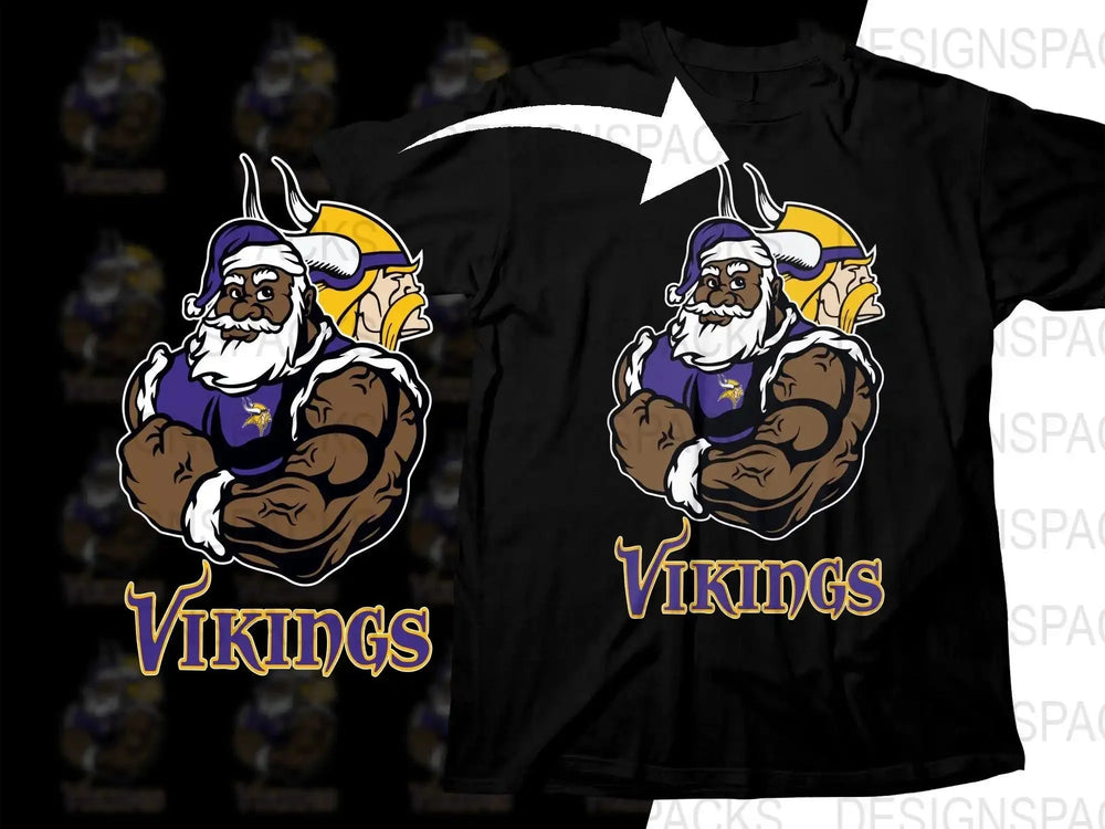Muscular Santa in Vikings jersey on black t-shirt, festive football design