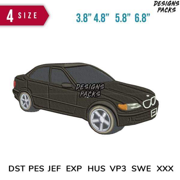 Embroidery design of black sedan car in 4 sizes, compatible with DST PES JEF formats for instant download.