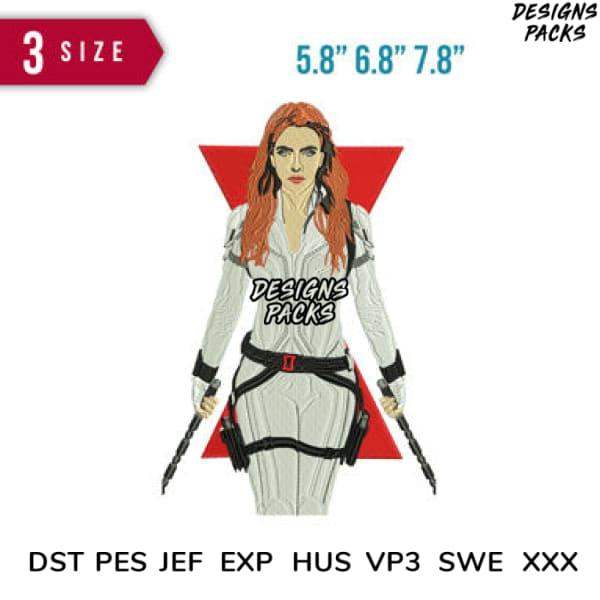 Black Widow embroidery design in white suit with red triangle, available in multiple sizes and formats