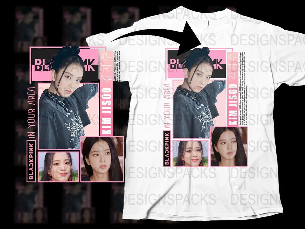 K-Pop Idol Fashion T-Shirt, Blackpink in Your Area, Jisoo Photo Collage, Pink and White Top